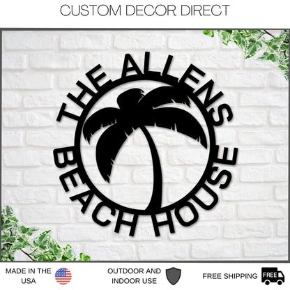 Beach House Personalized, Steel Metal Wall Sign, Wall Customized With Name And Palm Trees, Personalized Palm Tree Metal Sign, Beach Decor Laser Cut Metal Signs Custom Gift Ideas