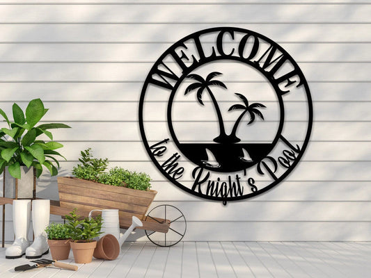 Personalized Family Pool Palm Tree Metal Sign, Metal Welcome Palm Tree Scene Sign Customizable - metal sign