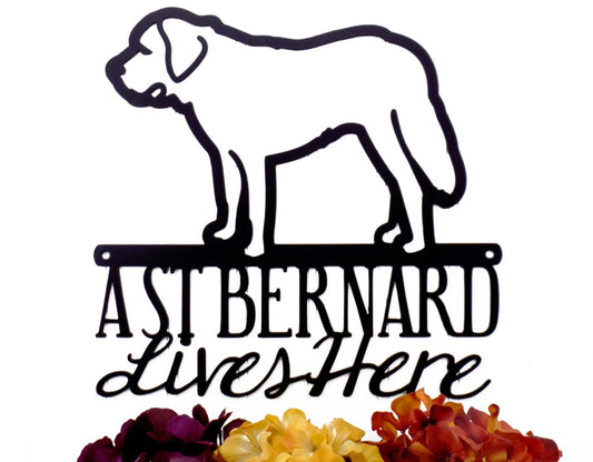 St Bernard Lives Here Metal Sign Black Saint Bernard Door Sign Wall Hanging Wall Plaque Plaque - 8 inches - metal sign