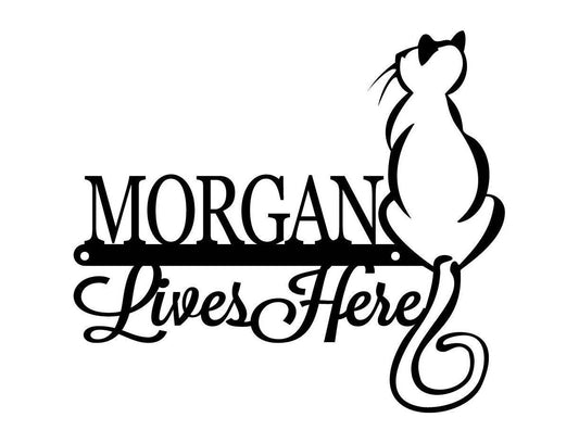 Custom Cat Name Lives Here Metal Sign Black, Custom Sign, Personalized Sign, Garden Decor, Outdoor Sign - metal sign
