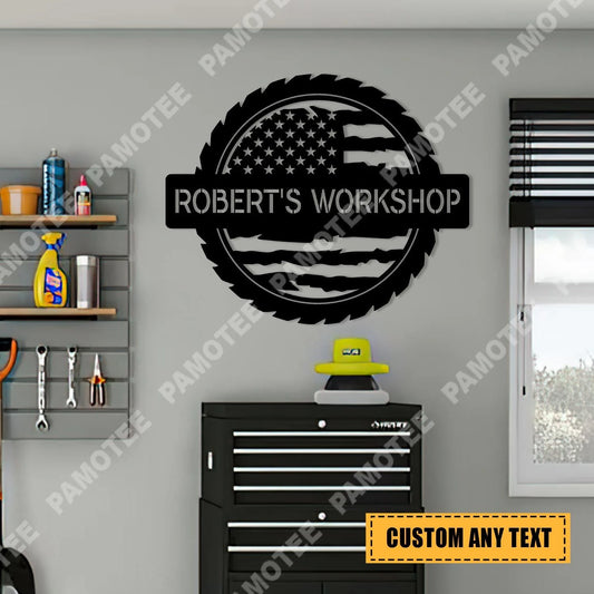 Custom Workshop With American Flag Steel Plaque, Metal Wall Hanging Garage, Metal Laser Cut Metal Signs Custom Gift Ideas - 8 inches - metal sign