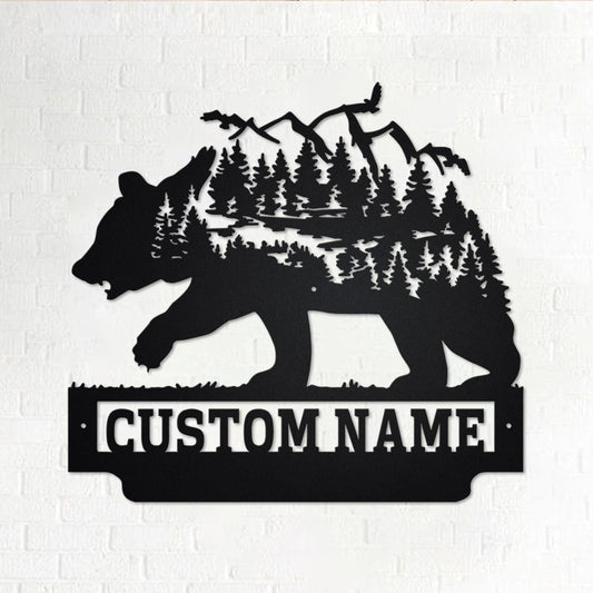 Custom Forest Mountain Bear Metal Wall Art, Personalized Bear Name Sign Decoration For Room, Bear Home - metal sign
