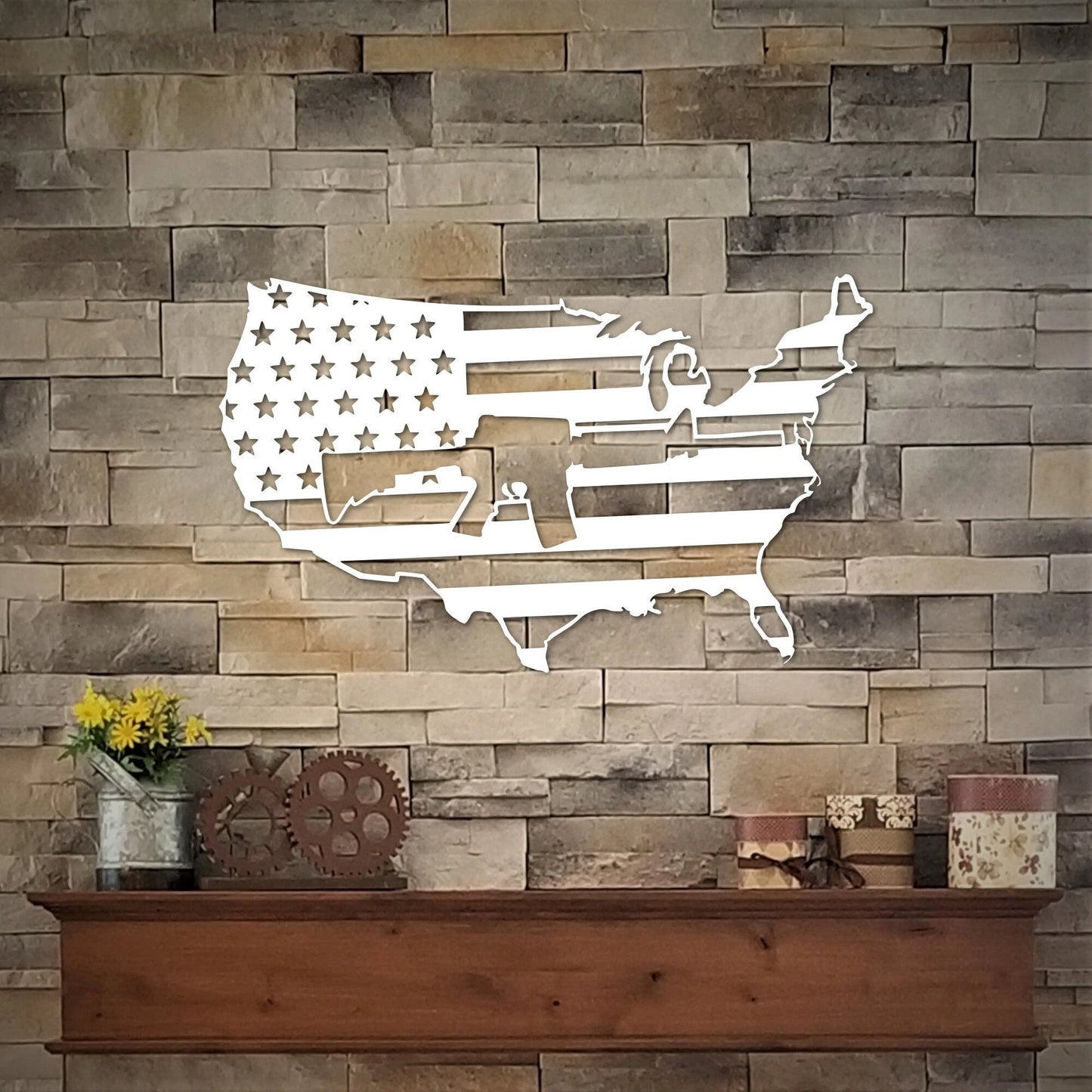 American Flag United States Map Flag With Ar15 Rifle Usa Military Decor Patriotic Americana Art Metal Wall Decor