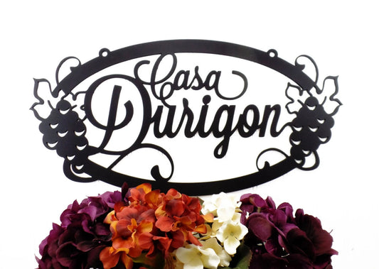 Custom Family Name Metal Sign With Grapes And Grapevines Black, Metal Wall Art, Personalized Sign, House - metal sign