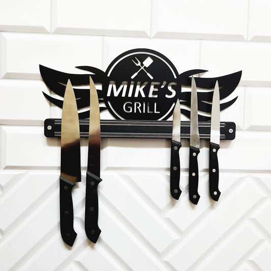 Personalized Magnetic Knife Holder, Metal Kitchen Wall Decor, Grill Wall Art Laser Cut Metal Signs Custom Gift Ideas - 8 inches - metal sign