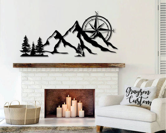 NE Compass Rose Mountain Scene Camping Cut Metal Sign Laser Cut Metal Signs Custom Gift Ideas - 8 inches - metal sign