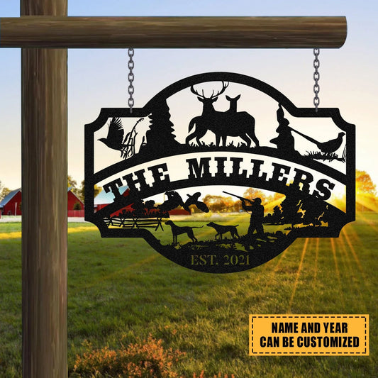 Personalized Family Name Deer Duck Hunting Metal Sign, Metal Laser Cut Metal Signs Custom Gift Ideas - 8 inches - metal sign