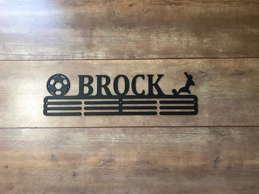 Soccer Custom Name Medal Hanger Holder Display Rack Male 3 Rung, Cut Metal Sign, Metal Wall Art, Laser Cut Metal Signs Custom Gift Ideas - 8 inches - metal sign