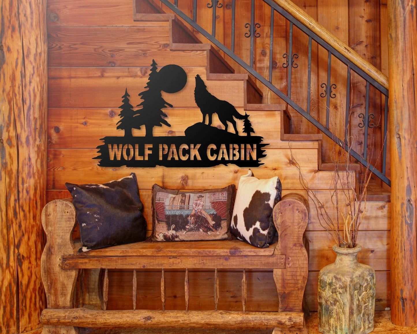 Wolf Personalized Metal Sign, Wolf In Woods Cabin Sign, Family Name Howling Wolf Sign, Howling At The Moon Sign Laser Cut Metal Signs Custom Gift Ideas