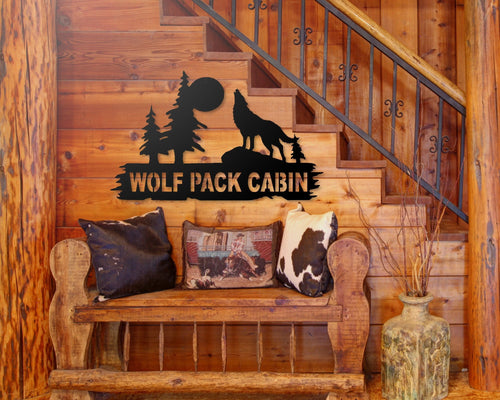 Wolf Personalized Metal Sign, Wolf In Woods Cabin Sign, Family Name Howling Wolf Sign, Howling At The Moon Sign Laser Cut Metal Signs Custom Gift Ideas