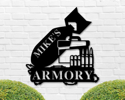 Armory Sign, Personalized Gun Name Sign, Gun Owner Gift, 2nd Amendment Gift, Veteran, Father's Day Gift, Hunting Gift, Ar15 Decor Gun Laser Cut Metal Signs Custom Gift Ideas