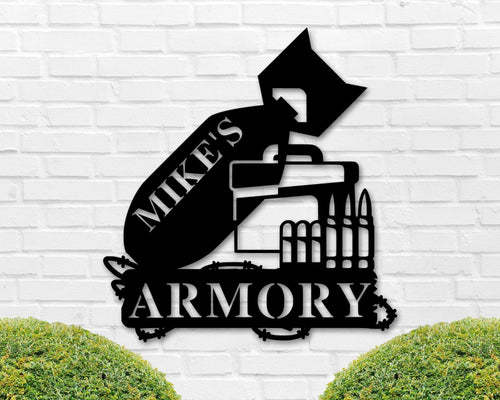 Armory Sign, Personalized Gun Name Sign, Gun Owner Gift, 2nd Amendment Gift, Veteran, Father's Day Gift, Hunting Gift, Ar15 Decor Gun Laser Cut Metal Signs Custom Gift Ideas
