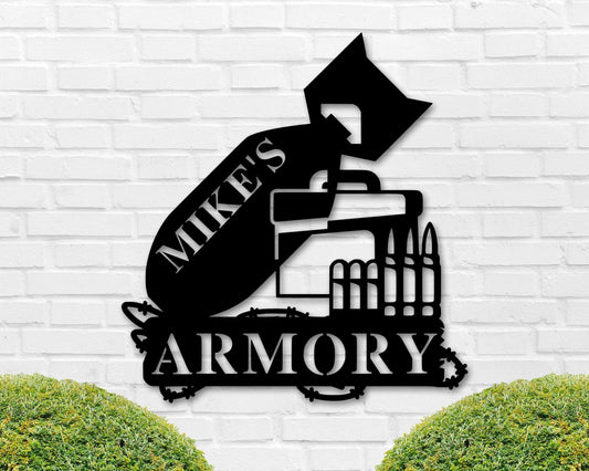 Armory Sign, Personalized Gun Name Sign, Gun Owner Gift, 2nd Amendment Gift, Veteran, Father's Day Gift, Hunting Gift, Ar15 Decor Gun Laser Cut Metal Signs Custom Gift Ideas