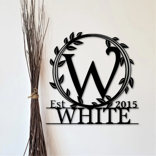 Personalized Family Name Sign With Established Year, Metal Laurel Wreath Last Name Initial Sign - wedding detail