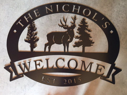 Metal Buck Sign With Evergreens And Your Name Metal House Sign - 8 inches - metal sign