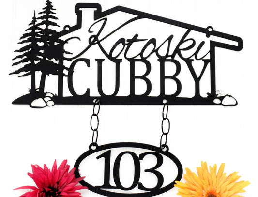 Custom Cabin Family Last Name House Number Metal Sign With Trees Black Pine Tree Cabin Outdoor Sign House Sign - 8 inches - metal sign
