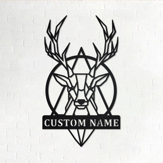 Custom Deer Geometric Metal Wall Art, Personalized Deer Geometric Name Sign Decoration For Room, Deer - metal sign