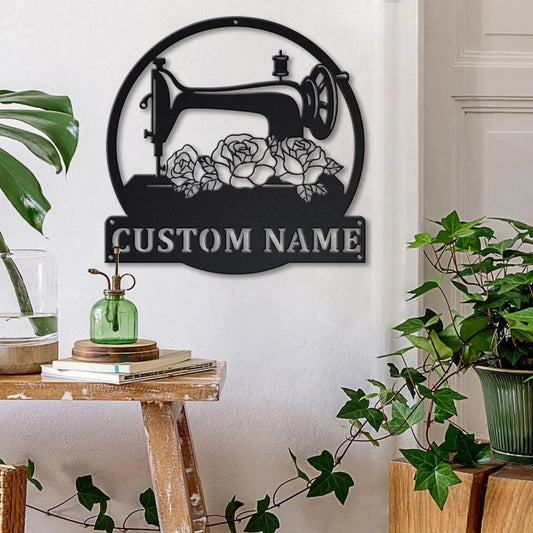 Floral Sewing Machine Personalized Monogram Personalized Metal House Sign - 8 inches - metal sign