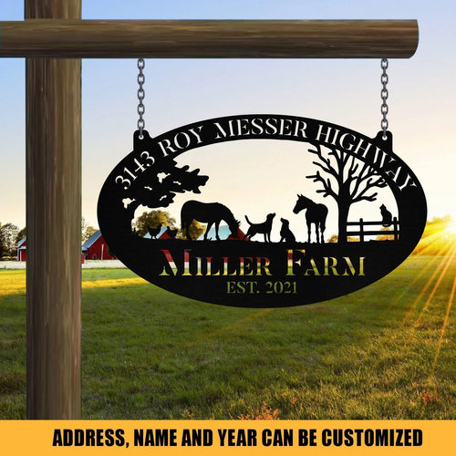 Personalized Metal Farm Sign Horse Dog Chicken Cat Monogram Custom Outdoor Farmhouse Ranch Stable Wall Decor Art Gift