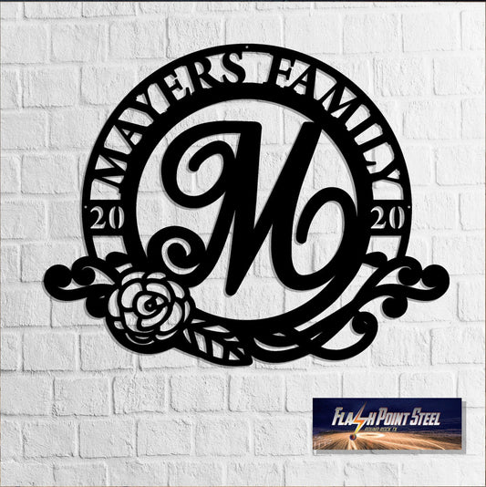 Monogram Sign, Rose Wreath, Custom Garden Sign, Entrance Sign, Wall Decor, Plasma Cut Steel Sign, Welcome - metal sign