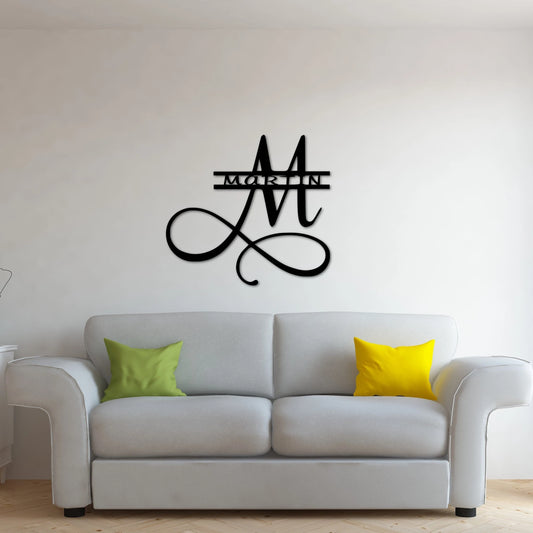 Split Last Name Monogram With Last Name Initial, Metal Art Sign With Scrolls, Custom Metal Sign - metal sign