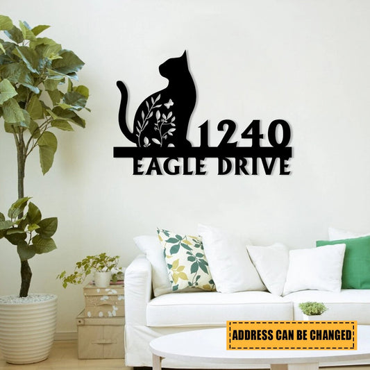 Personalized Address Cat Art Metal Sign, Custom Housewarming Metal Art, Wall Decor, Metal Laser Cut Metal Signs Custom Gift Ideas - 8 inches - metal sign