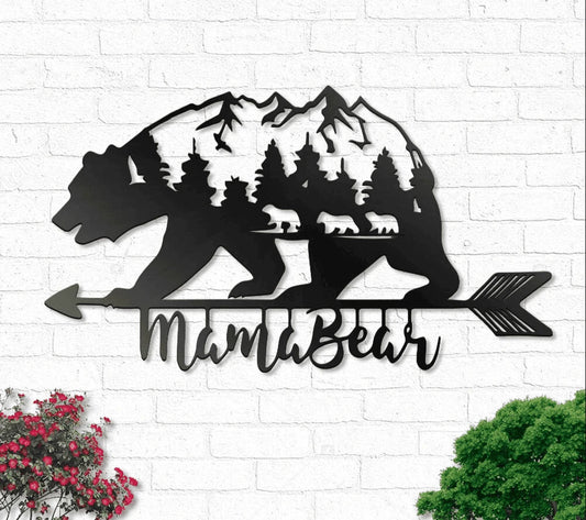 Mama Bear With 3 kids Metal House Sign - 8 inches - metal sign