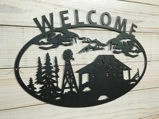Large Metal Cabin And Windmill Mountain Scene Last Name Sign 30 Inch Rustic Metal Decor - 8 inches - metal sign