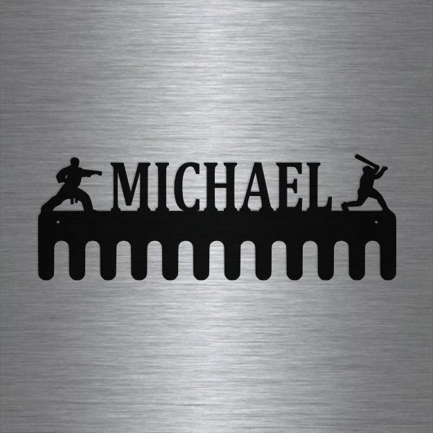 Baseball And Karate Custom Name Medal Hanger Holder Display Rack Male 12 Hooks, Cut Metal Sign, Metal Wall Art, Laser Cut Metal Signs Custom Gift Ideas