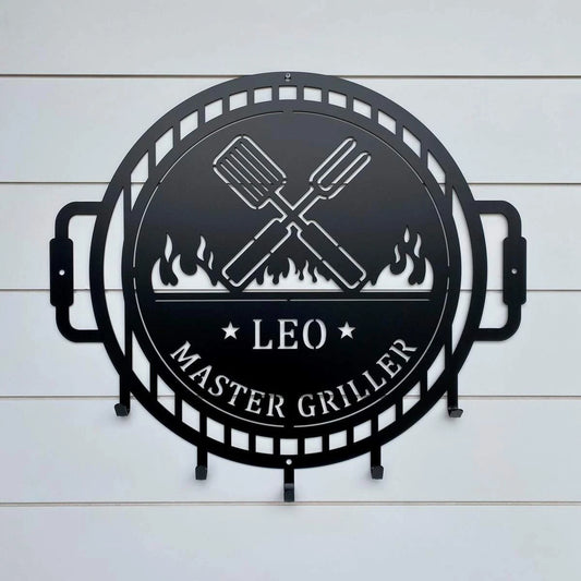 Grill Master Name Sign With Metal Hooks Cut Metal Sign Metal House Sign - 8 inches - metal sign