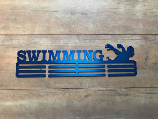Swimming Medal Hanger Holder Display Rack 3 Rung Cut Metal Sign - 8 inches - metal sign