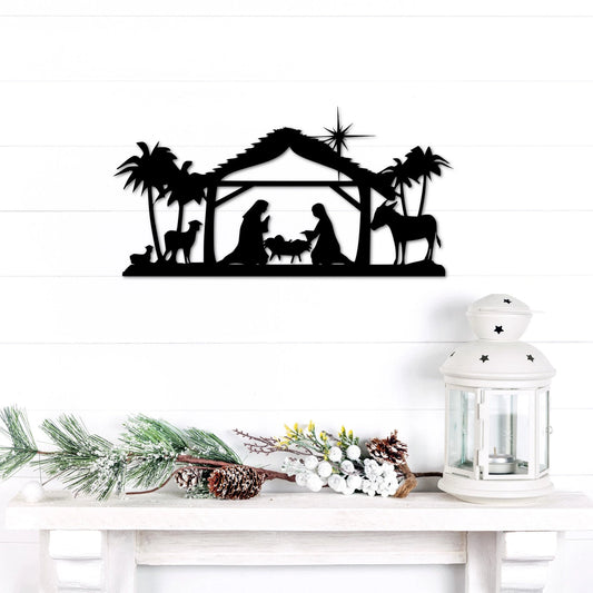 Nativity Scene Christmas Sign Holiday Decor Religious Christmas Gift Metal Manger Sign Mantel Shelf Sitter - 8 inches - metal sign