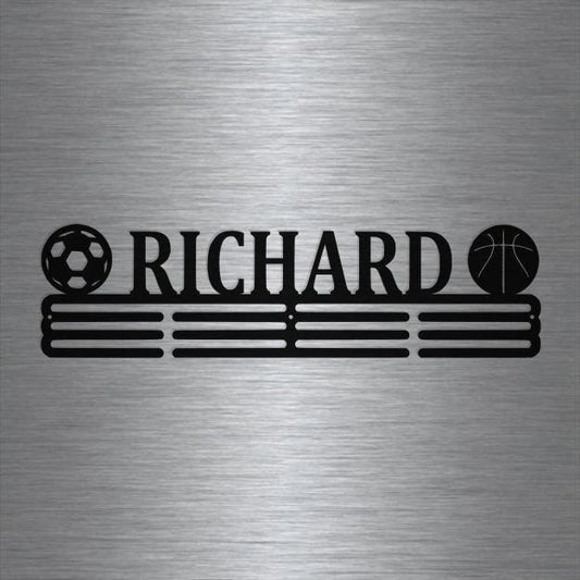 Soccer And Basketball Custom Name Medal Hanger Holder Display Rack Male 3 Rung, Cut Metal Sign, Metal - metal sign