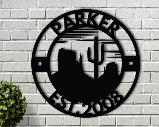 Personalized Western Theme Sign Custom Cactus Sign Cactus Desert Theme Sign Personalized Desert Sign Mountain Scene Sign Desert Name - 8 inches - metal sign