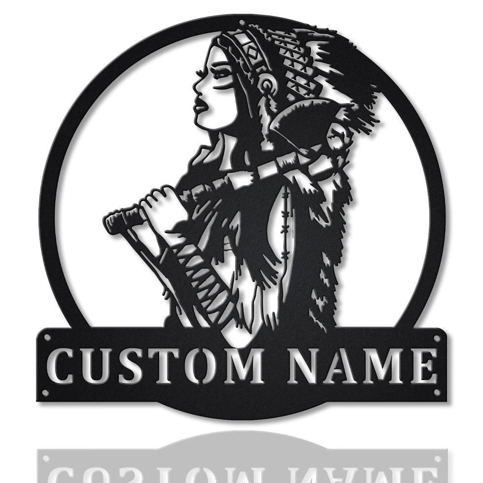 Personalized Native American Warrior Girl Metal Sign Art , Custom Native American Metal Sign , Warrior Girl Sign Decoration For Living Room, Laser Cut Metal Signs Custom Gift Ideas