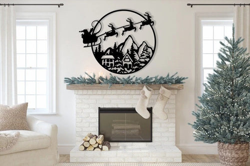 Santa Christmas Sleigh Over Town Metal Art Decor
