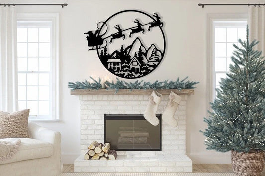 Santa Christmas Sleigh Over Town Metal Art Decor - 8 inches - metal sign