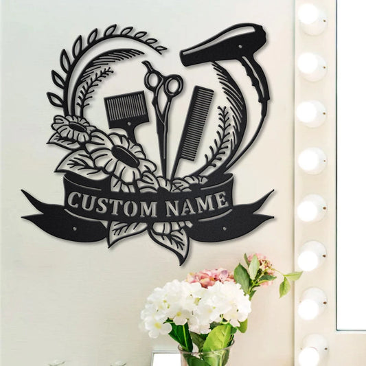 Floral Hair Dryer Hair Stylist Personalized Metal House Sign - 8 inches - metal sign