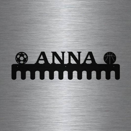 Soccer And Basketball Custom Name Medal Hanger Holder Display Rack 12 Hooks, Cut Metal Sign, Metal Wall - metal sign