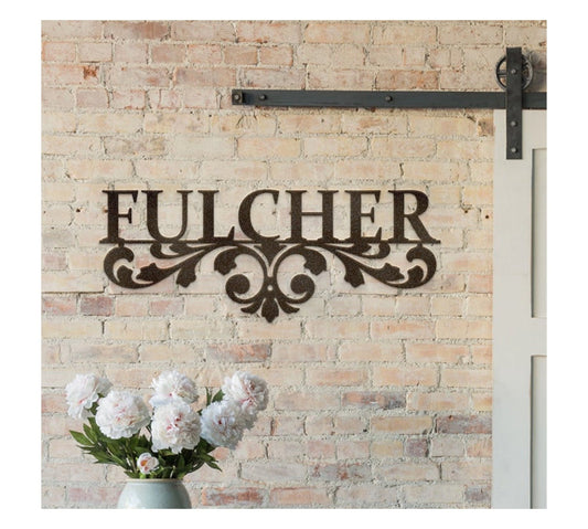 Classy Scroll Custom Last Name Metal Sign - 8 inches - metal sign