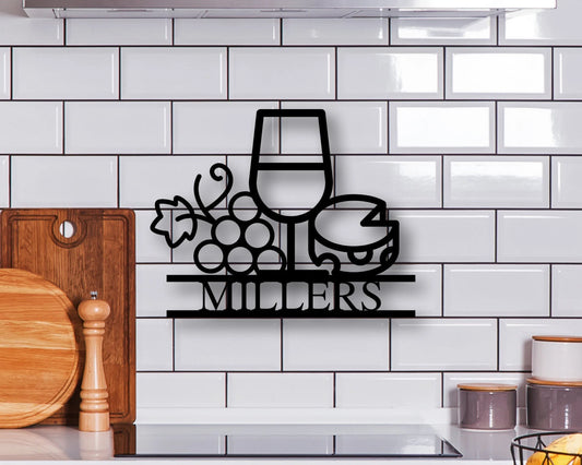 Metal Family Name Sign With Wine And Cheese Custom Wine Theme Sign Wine Sign Metal Family Name Sign With Wine Wine Lover Last Name Sign - 8 inches - metal sign