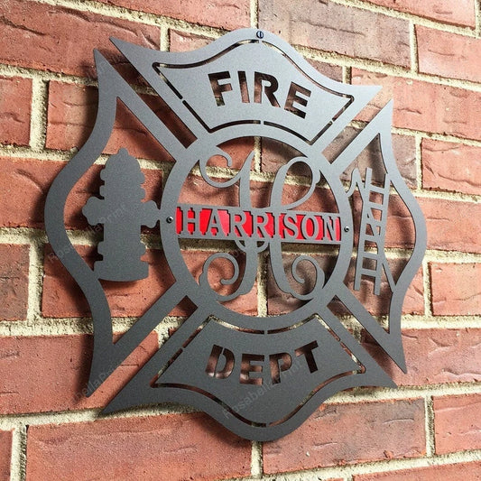 Firefighter Metal Maltese Cross W Ladder Custom Metal Fire Department Sign Monogram Door Hanger Firefighter Gift - 8 inches - metal sign