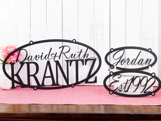 Custom Metal Family Name Sign Established In Laser Cut Steel Outdoor Oval Perfect For A Family Gift Matte Black Shown - 8 inches - metal sign