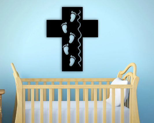 Metal Cross Sign For Kids Room Metal Christian Metal Sign For Nursery Footprints In The Sand Metal Cross Art - 8 inches - metal sign
