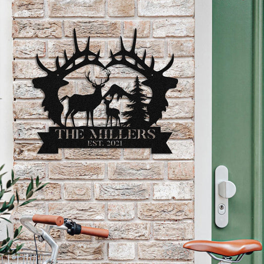 Personalized Family Name Deer Fawn Hunting Metal Sign Monogram, Metal Laser Cut Metal Signs Custom Gift Ideas - 8 inches - metal sign
