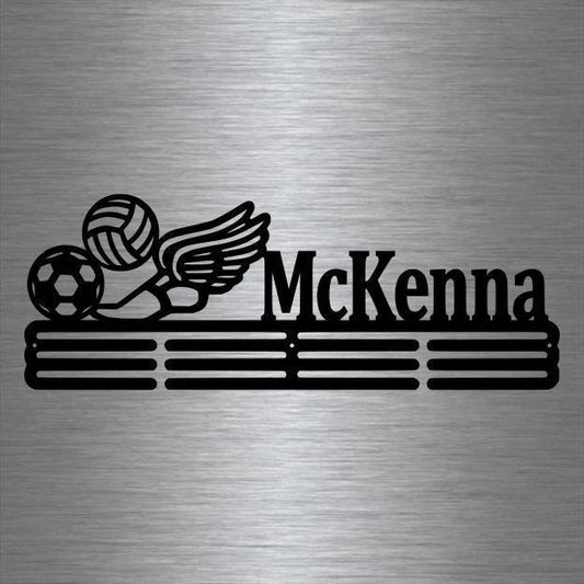 Custom Name, Soccer, Volleyball, And Track And Field Medal Hanger Holder Display Rack 3 Rung, Cut Metal - metal sign