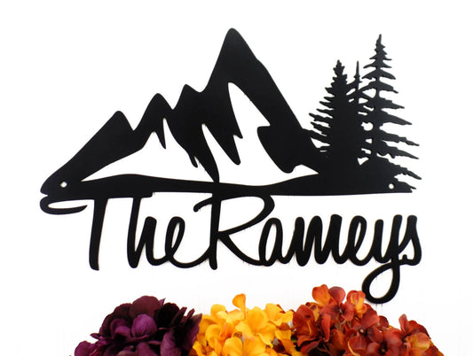 Custom Outdoor Family Last Name Metal Sign With Mountains Black, House Sign, Personalized Gift, Metal - metal sign