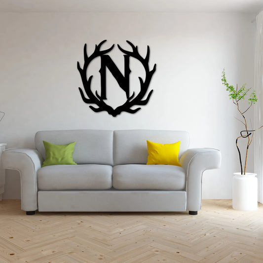 Initial Antlers Sign, Metal Door Hanger, Custom Last Name Initial Sign, Rustic Cabin Decor, Deer Antlers - metal sign