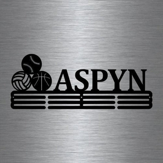 Custom Name Volleyball, Baseball, And Basketball Medal Hanger Holder Display Rack 3 Rung, Cut Metal Sign - metal sign