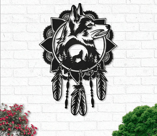 Native Wolf Dream Catcher Metal House Sign - 8 inches - metal sign